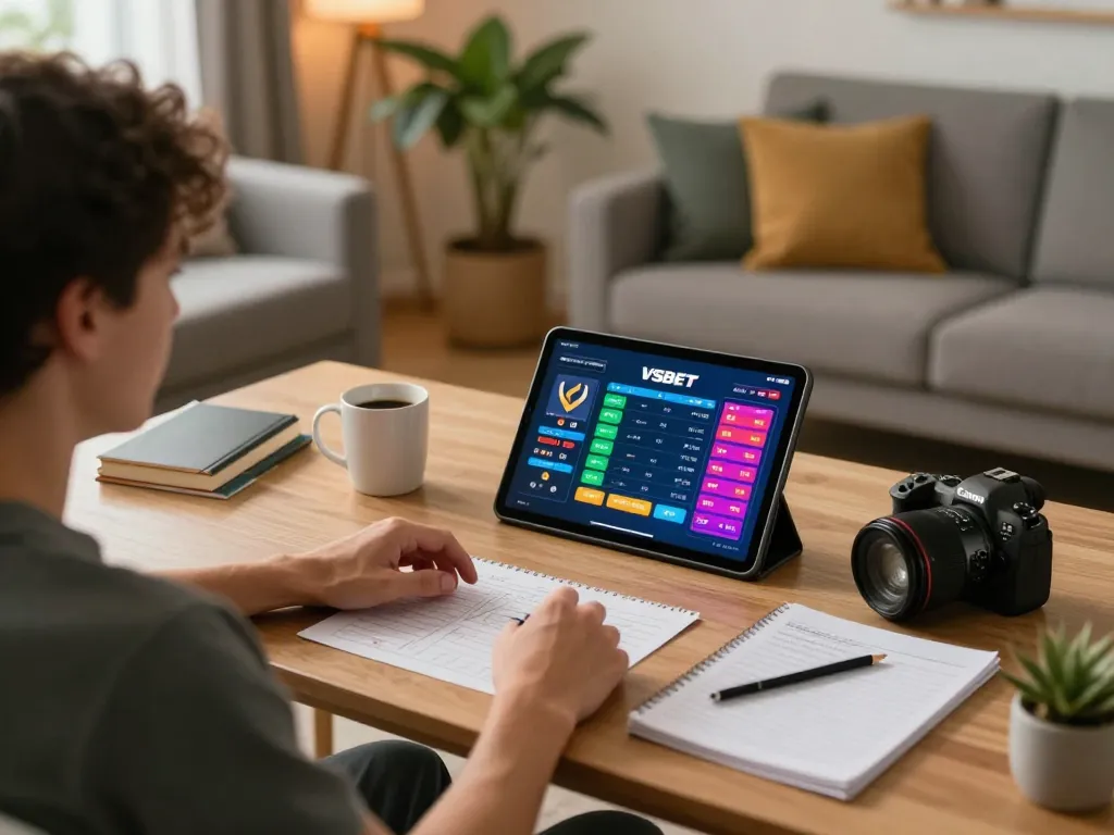 Engaging with VSBET on a tablet in a cozy home setup for online gambling.