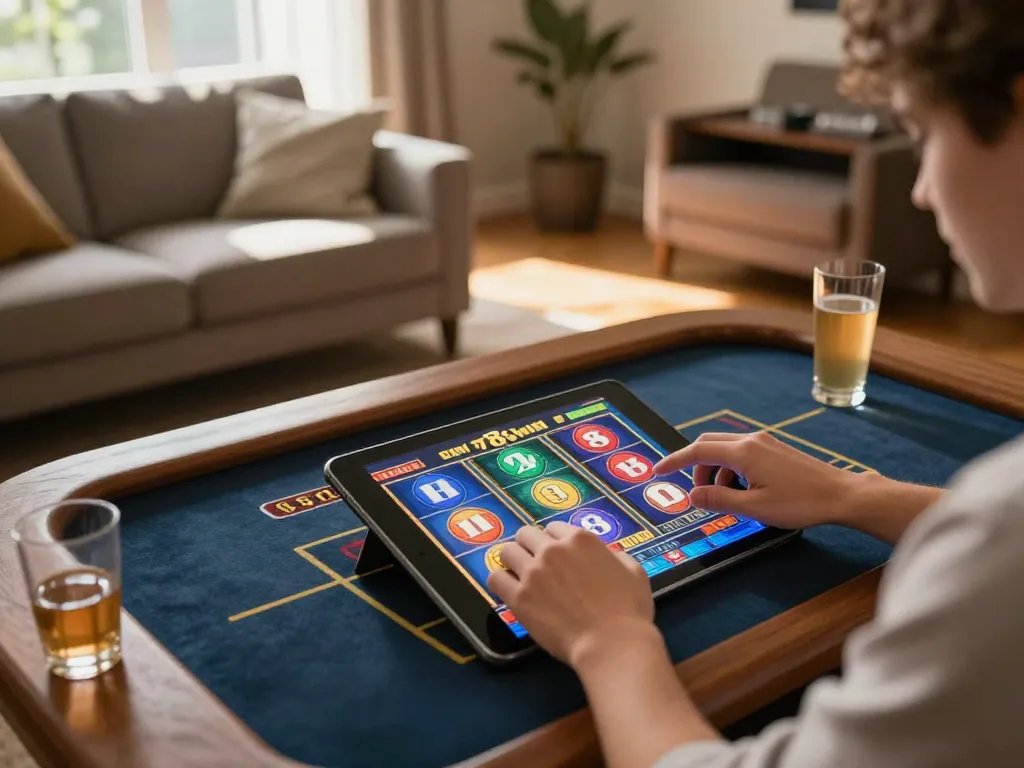 Engaging in thrilling slot gameplay on 78win tablet with vibrant graphics and cozy surroundings