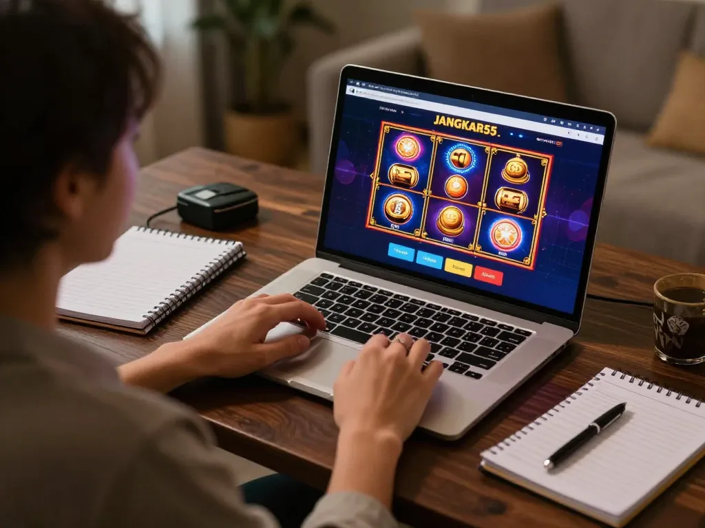 Engaging with online gambling strategies on JANGKAR55 from a cozy home office setup.