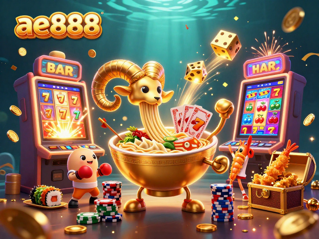 Engaging scene of ae888 where a golden ramen bowl and sushi dealer showcase vibrant casino elements.