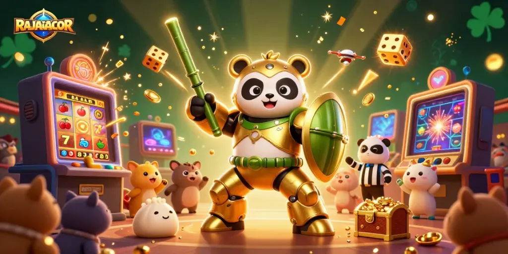 RAJAGACOR menyajikan keajaiban kemenangan dengan panda emas dalam pertarungan kasino yang megah.