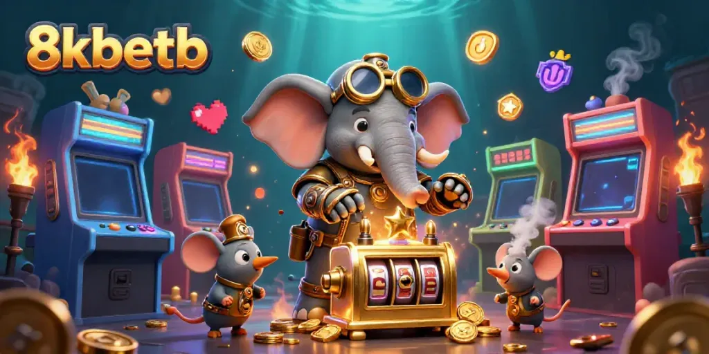 Experience the thrill of 8xbetb with a steampunk elephant engineer operating a golden slot machine surrounded by vibrant gaming elements.