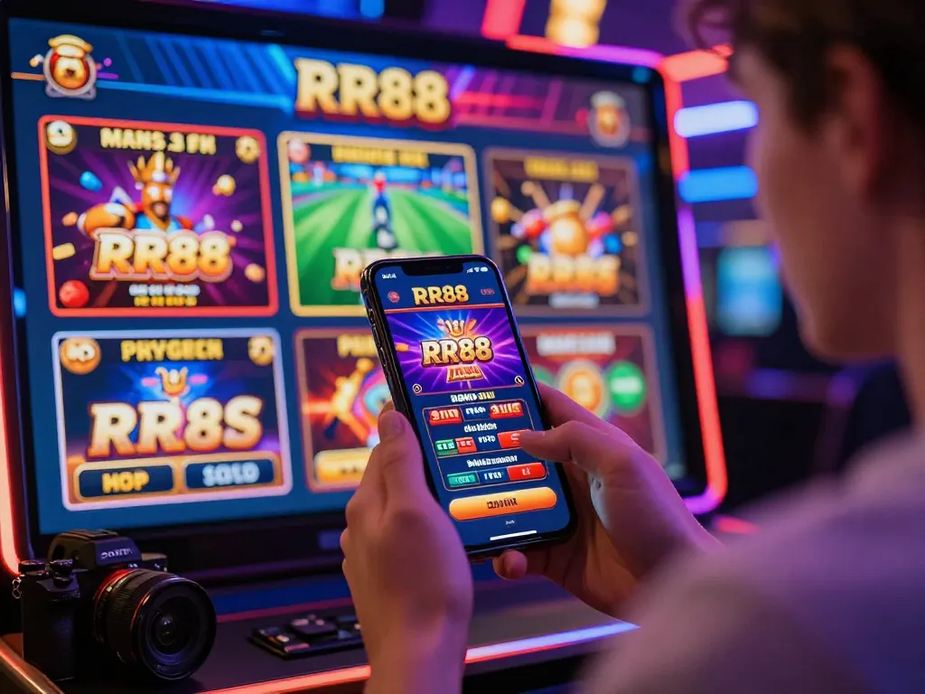 Engaging RR88 online betting scene with dynamic graphics and neon lights.