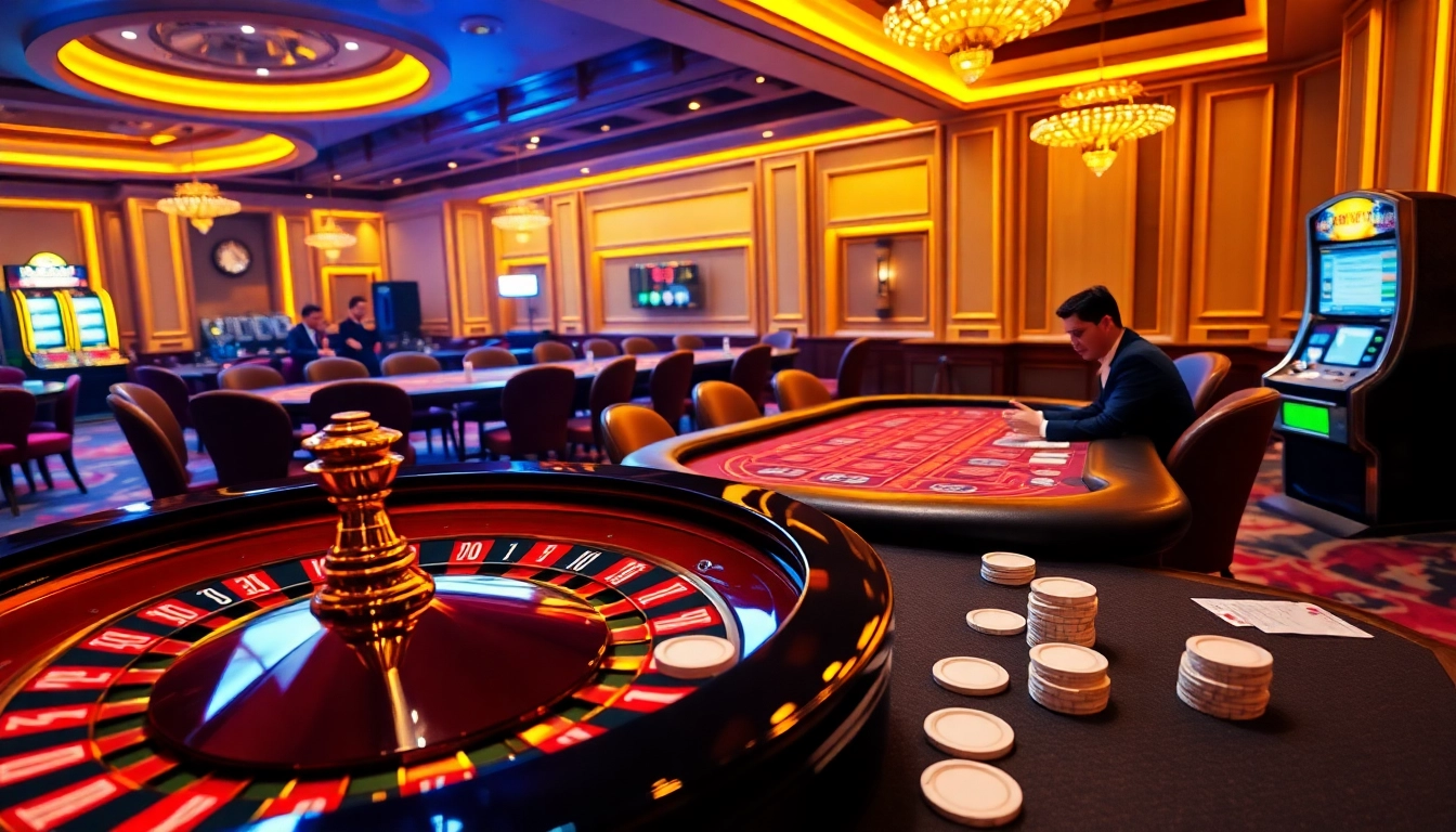 Engaging players at the nhà cái uu88 casino table, featuring vibrant roulette and slot machine action.