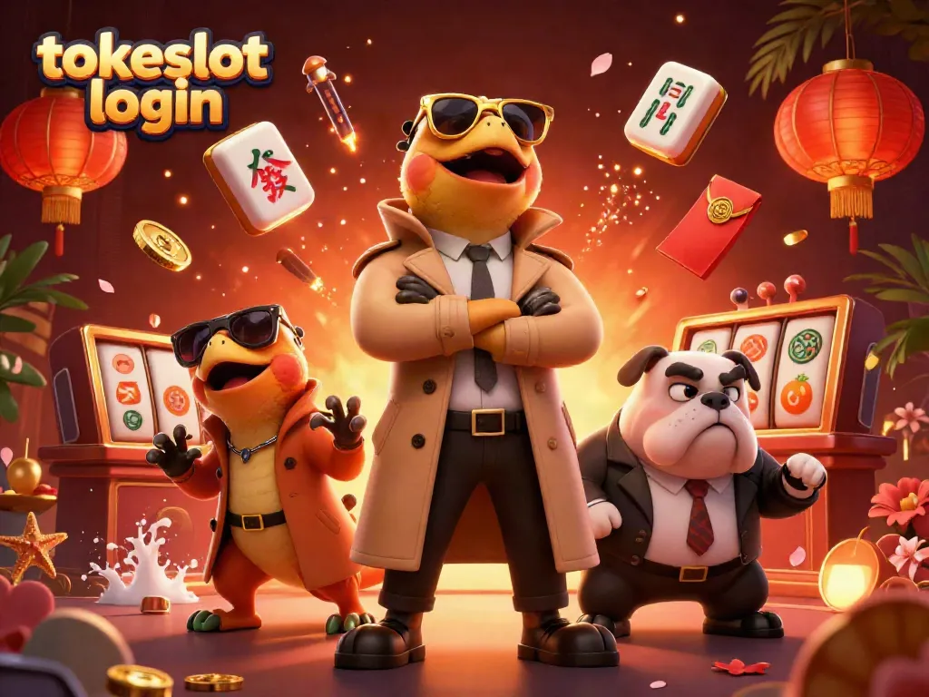 Engage with the tokeslot login scene, featuring raptors in a trench coat attempting VIP entry amid vibrant casino elements.