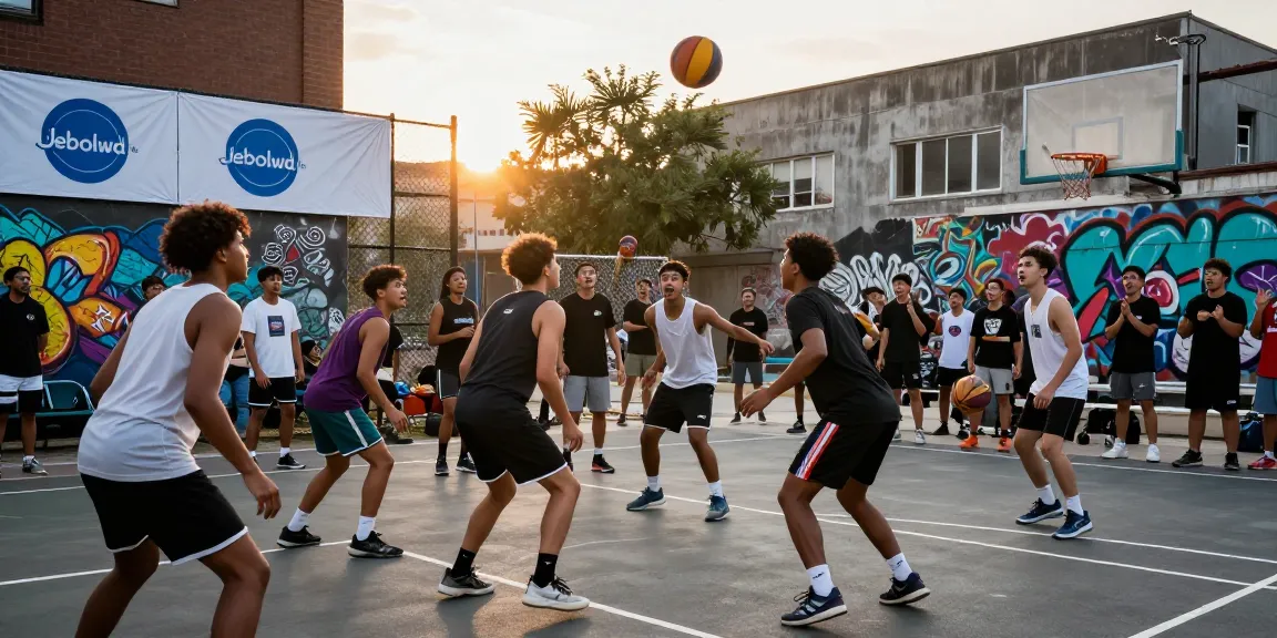 Athletes showcasing Jebolwd in action during a vibrant street basketball game.
