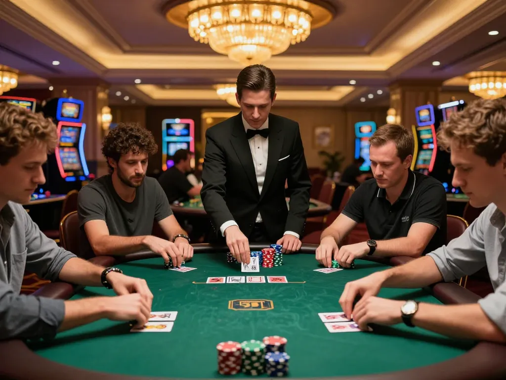 Players engage in a thrilling poker game at fun79's upscale casino.