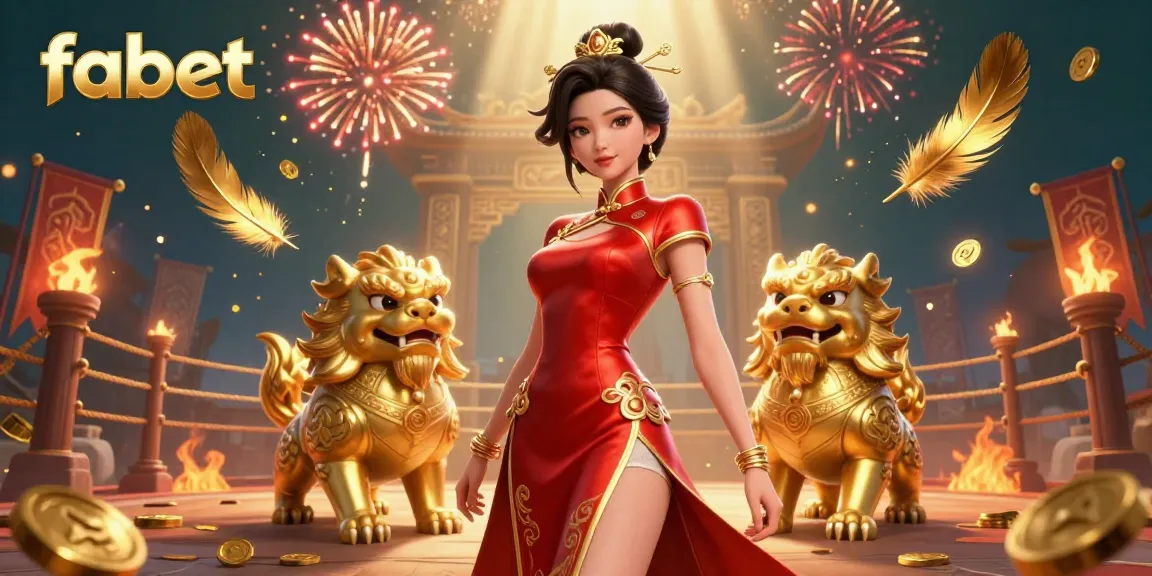 Experience the excitement of fabet with this vibrant casino scene featuring a glamorous character amidst gold coins and fireworks.