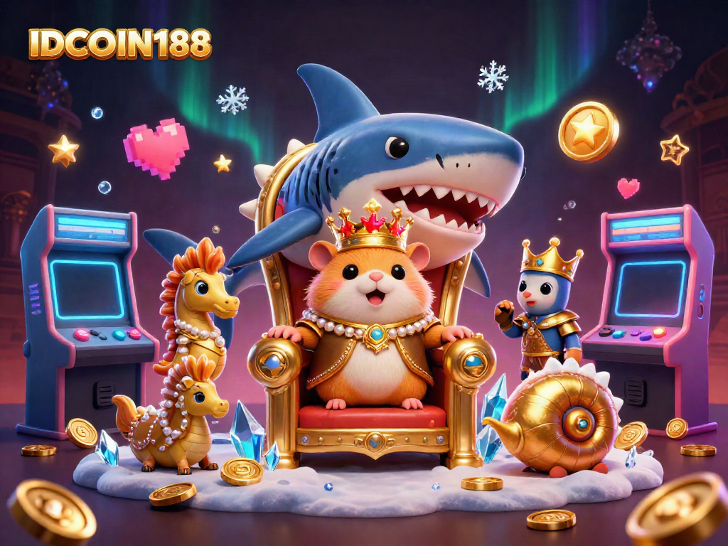 IDCOIN188 showcases a golden hamster king on a throne of megalodon teeth amidst vibrant gaming elements.