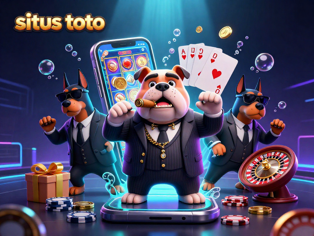 Permainan situs toto, ilustrasi kasino dengan karakter unik dan elemen permainan menarik.