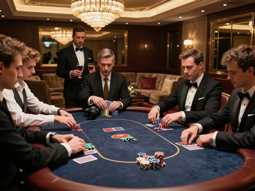 Pakde4D players strategizing at a high-stakes poker table in an upscale gaming room.