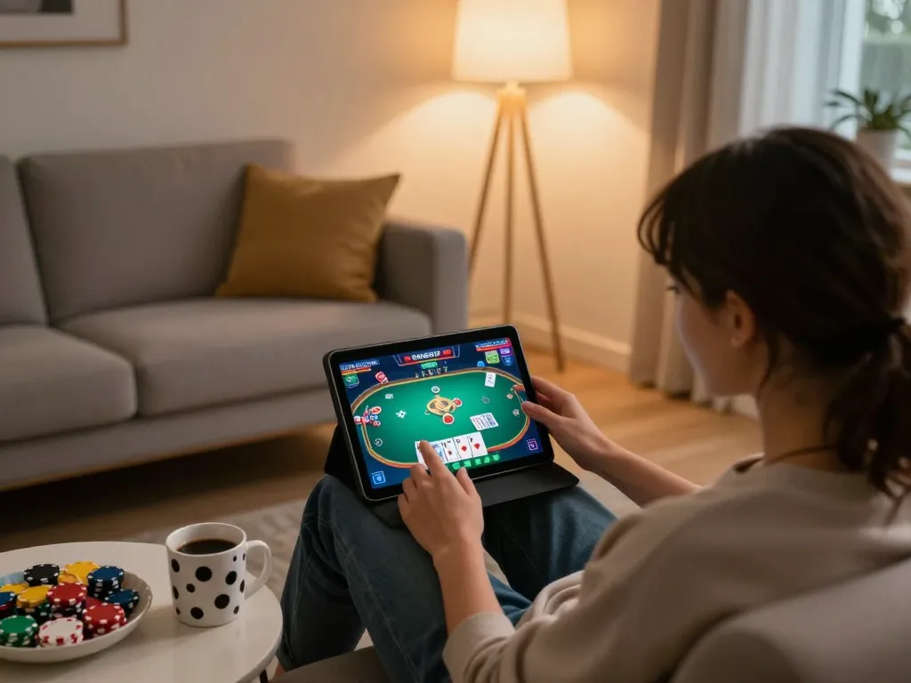 Kuwin player engaged in strategic poker from home, showcasing cozy gaming setup.