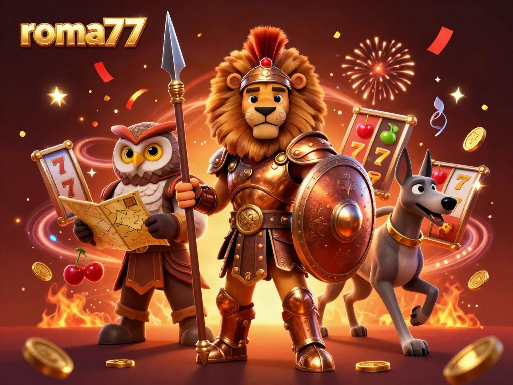 Gambarkan roma77 dengan simbol slot dan karakter pahlawan dalam suasana meriah.