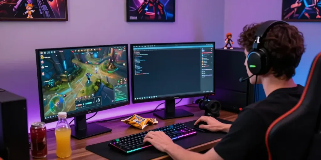 Pengguna dewitogel login alternatif sedang bermain game di meja dengan monitor ganda dan suasana permainan yang hidup.