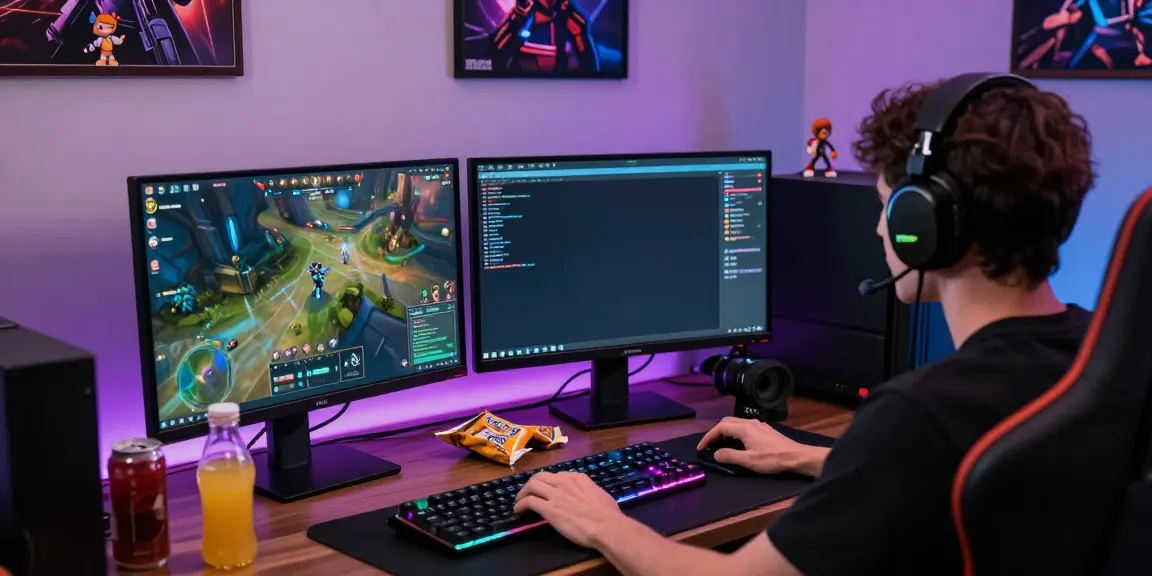 Pengguna dewitogel login alternatif sedang bermain game di meja dengan monitor ganda dan suasana permainan yang hidup.