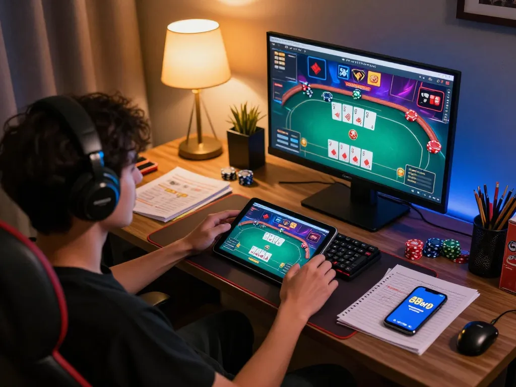 Engaging online poker gameplay on tablet, highlighting the 98win98 experience in a cozy setting