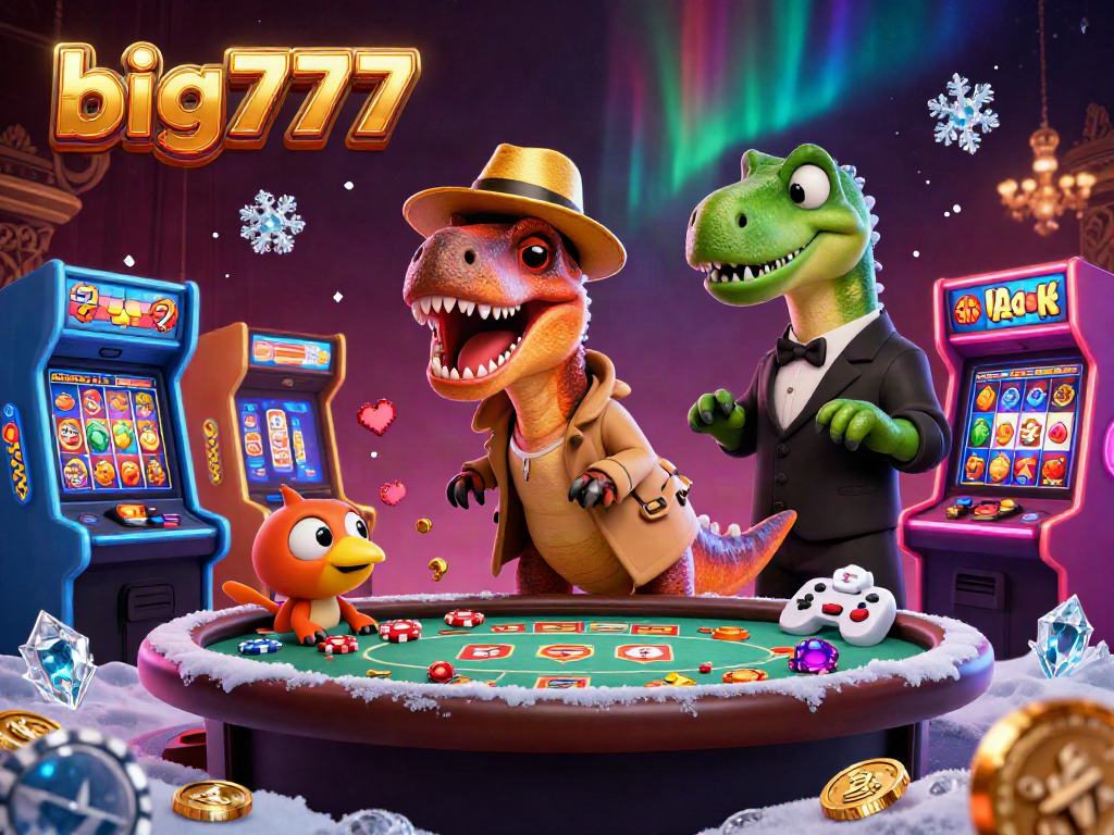 big777 bermain slot dengan velociraptor dan stegosaurus, suasana kasino yang meriah