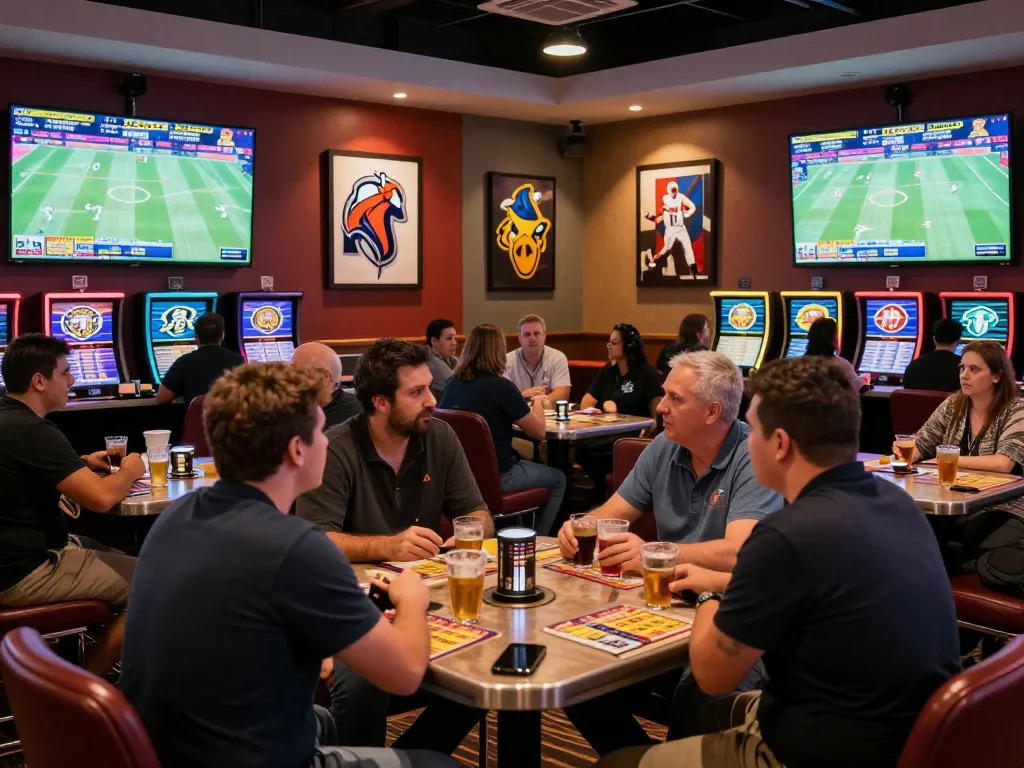 Fans placing bets in the vibrant sports betting lounge at fabet, capturing the excitement of live games.