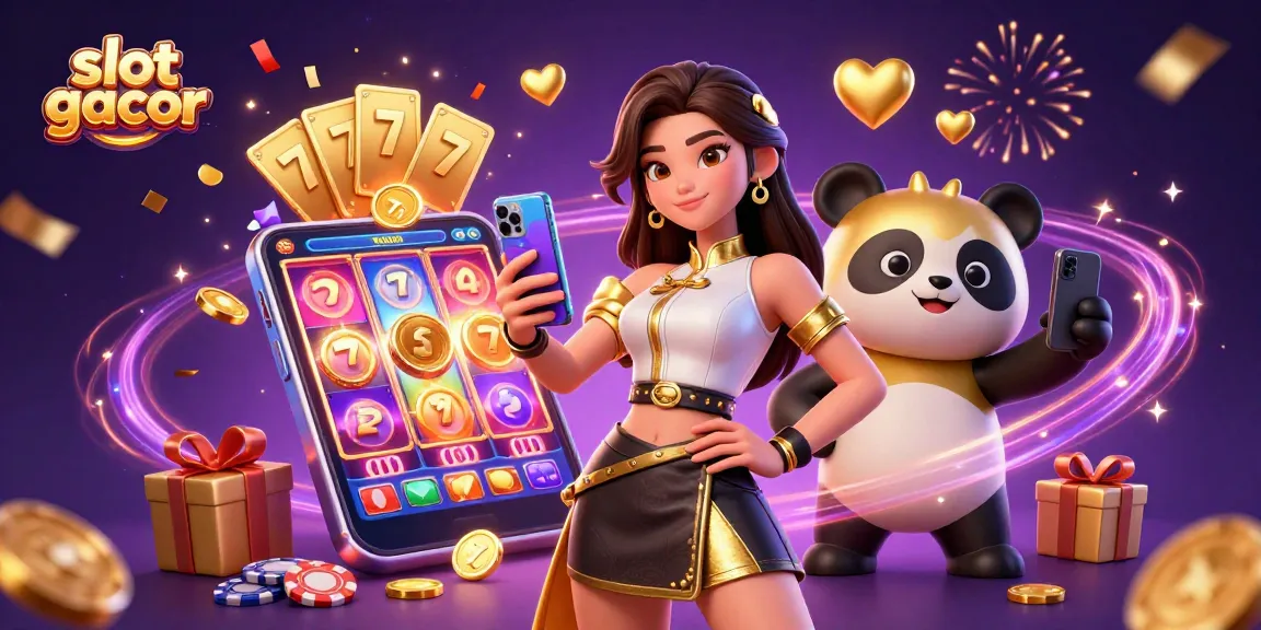 Engage with slot gacor as a vibrant 3D illustration featuring a woman with a smartphone game and a panda mascot.