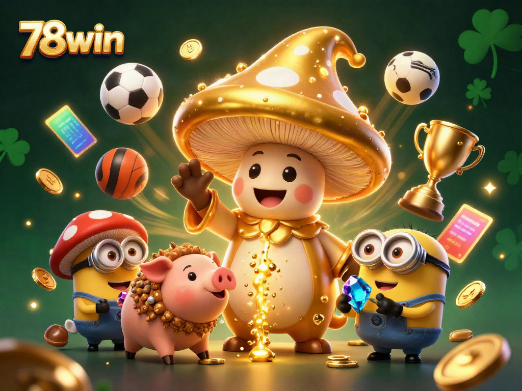 Experience the thrill of 78win with golden treasures and sports betting excitement in a vibrant illustration.