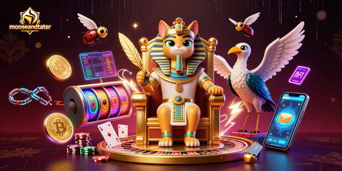 mooseandtater showcases an exhilarating casino scene with a pharaoh cat surrounded by roulette and poker elements