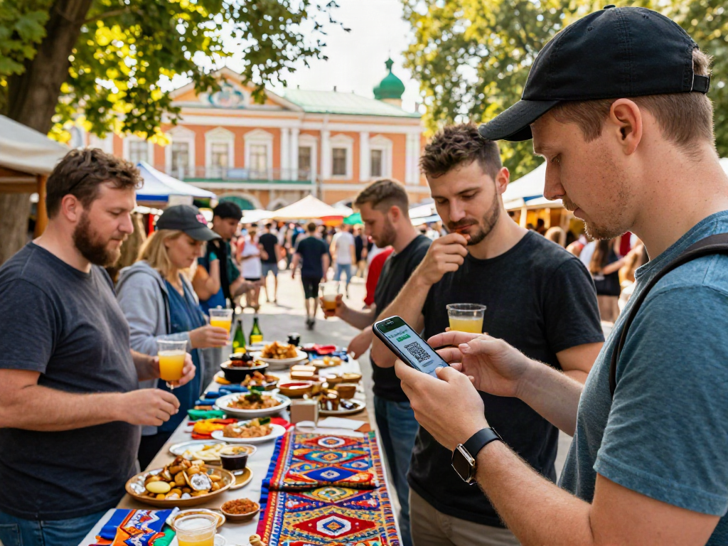 Membayar dengan mudah menggunakan https://payinrussia.com/ di pasar Rusia yang ramai, dengan pemandangan arsitektur tradisional dan suasana hangat.