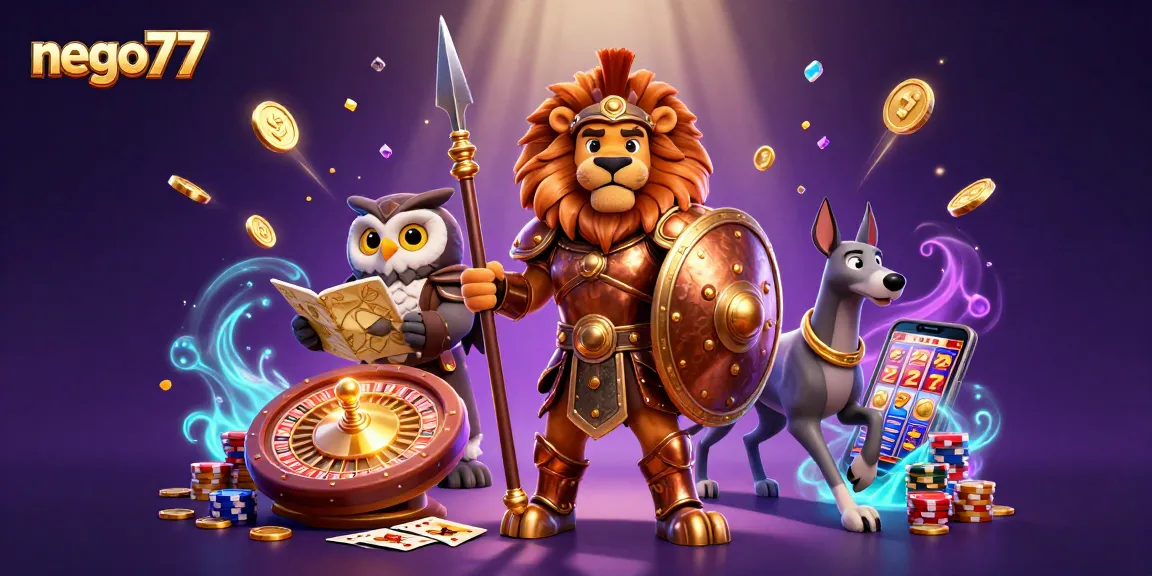 Nego77 showcases a 3D illustration of a Spartan lion surrounded by golden coins and gaming elements.