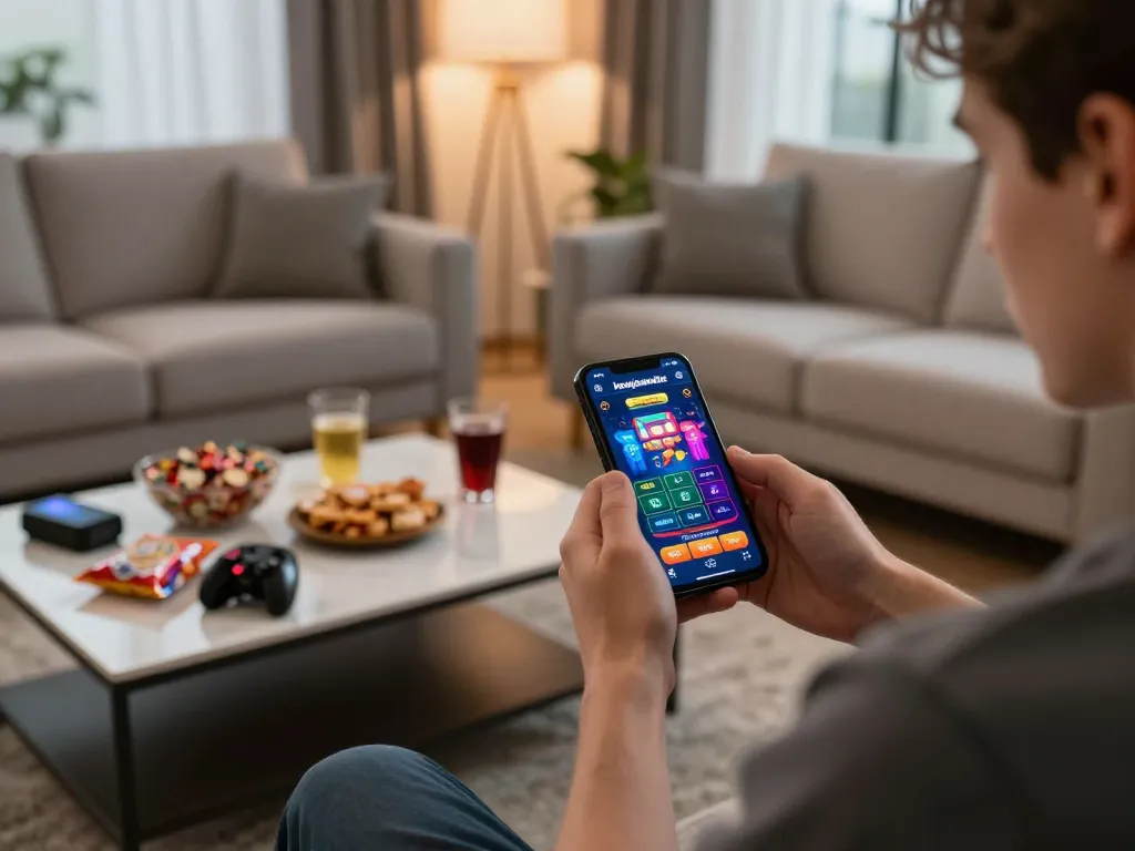 Engaging with the kerajaanslot app on a smartphone in a cozy home environment during an exciting online gaming session.