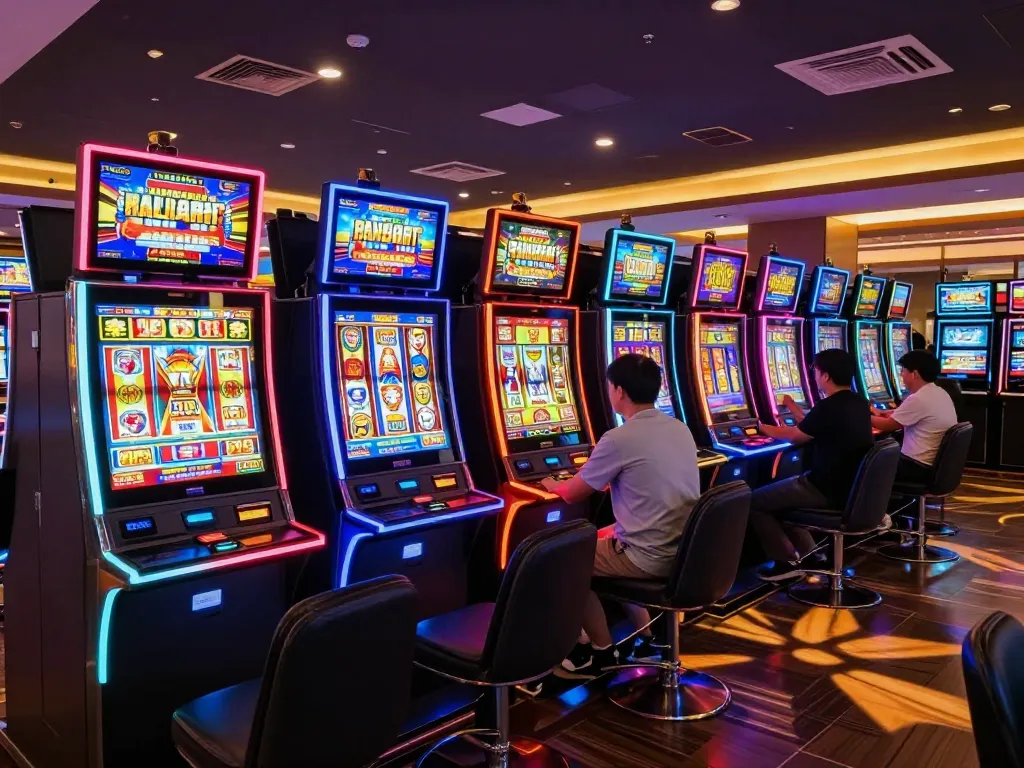 Players enjoying vibrant slot machines at slot thailand casino, experiencing exciting gameplay.