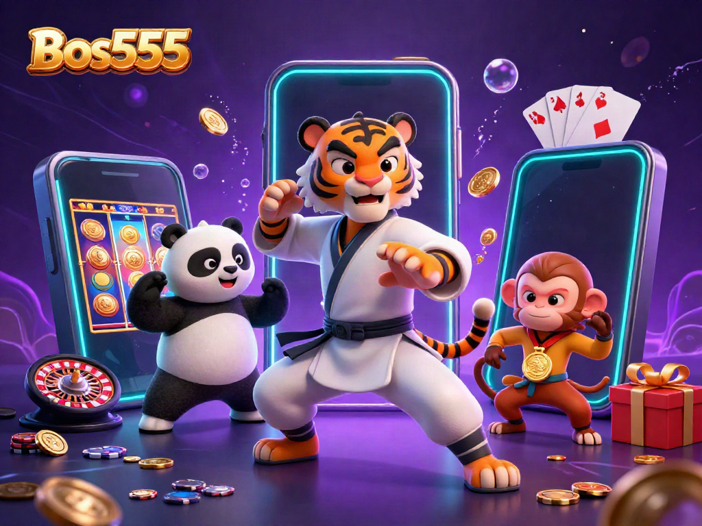 Permainan slot online di Bos555 dengan karakter kung fu yang beraksi dan suasana ceria.