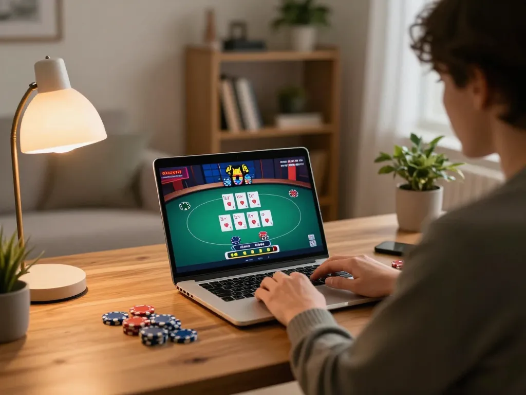 Person engaging with q23win.com using laptop for online poker, showcasing a responsible gaming environment