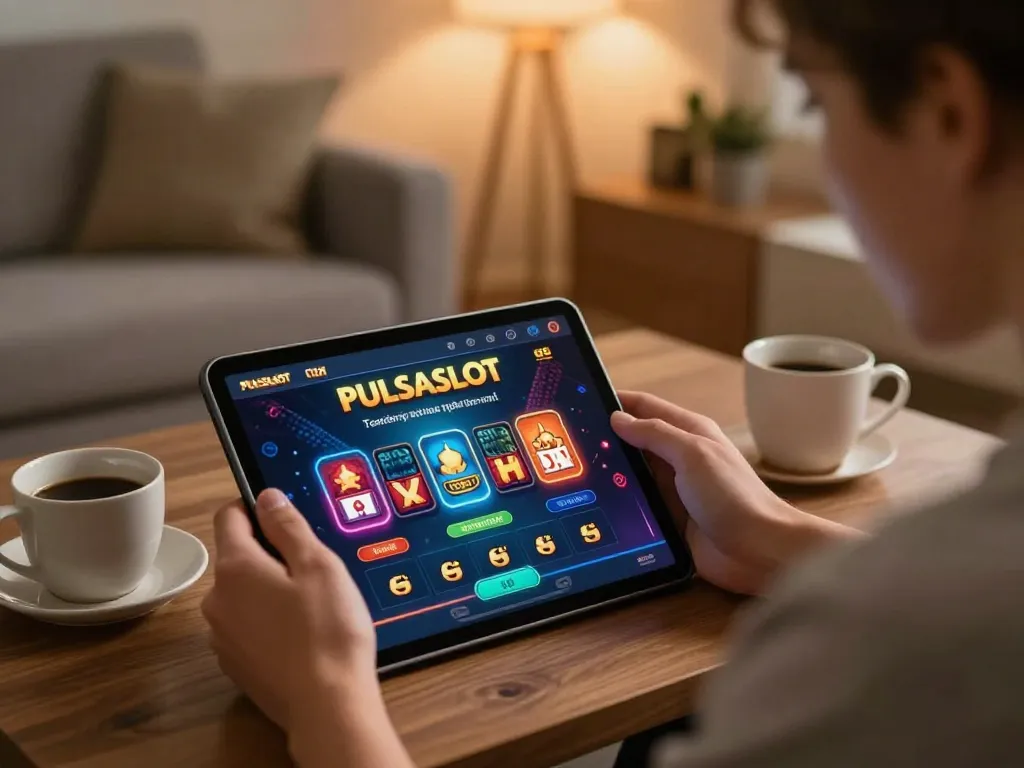 PULSASLOT gameplay interface on tablet shows vibrant slot options in a cozy home setting.