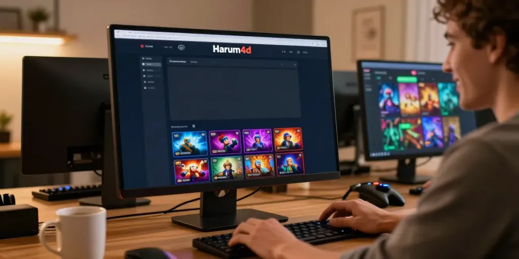 Antarmuka permainan online Harum4d yang sederhana dan menarik, menggambarkan pengguna yang sedang bermain.