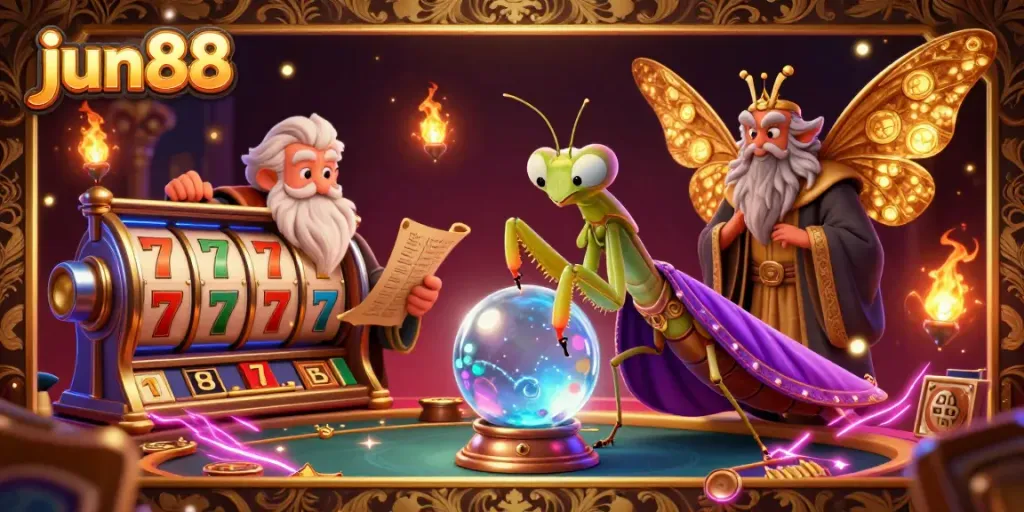 Experience thrilling gameplay at jun88 with a mystical 3D scene featuring a fortune teller and casino elements.