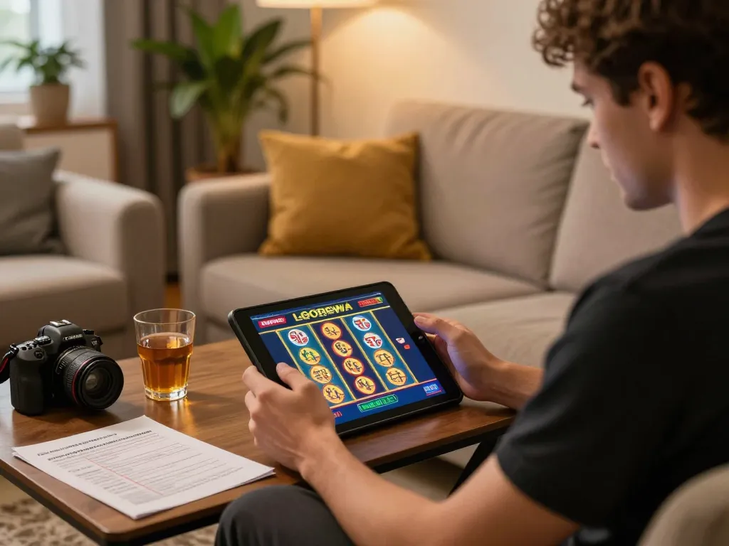 Player enjoying LGODEWA demo slot on tablet at home, strategizing wins in a cozy environment.