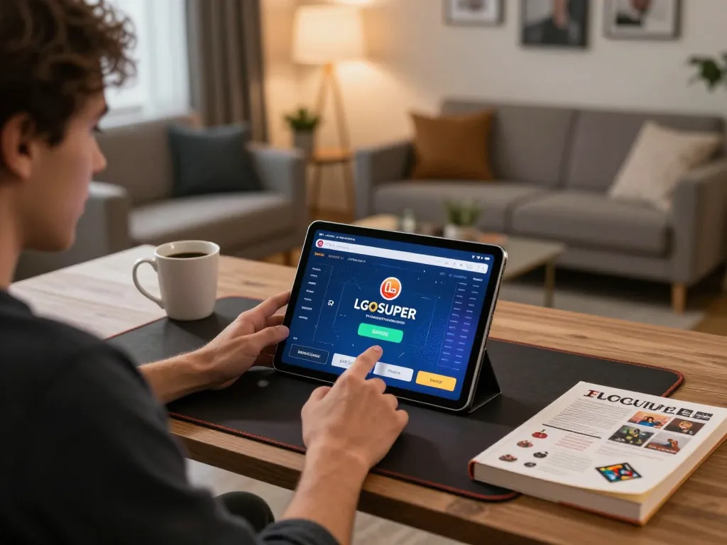 Player engaging with the LGOSUPER app on a tablet in a cozy room, highlighting online gaming excitement.