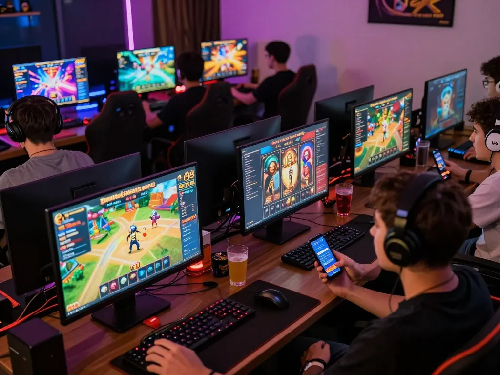 Engaging players experiencing online gaming with mantra88 link on screens in a vibrant atmosphere.