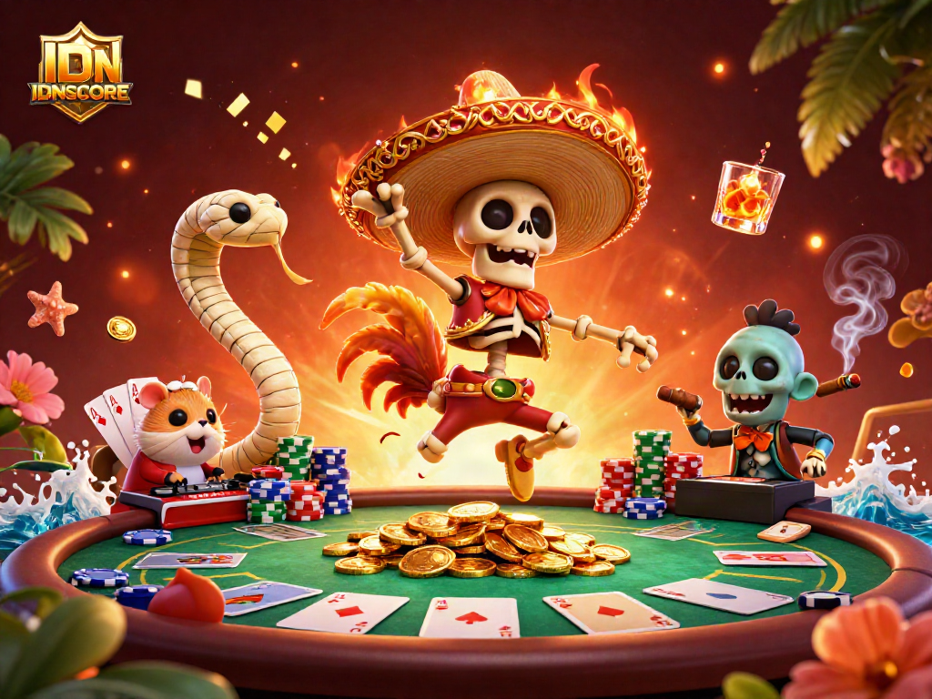 IDNSCORE showcases a vibrant casino scene with animated characters celebrating gambling wins.