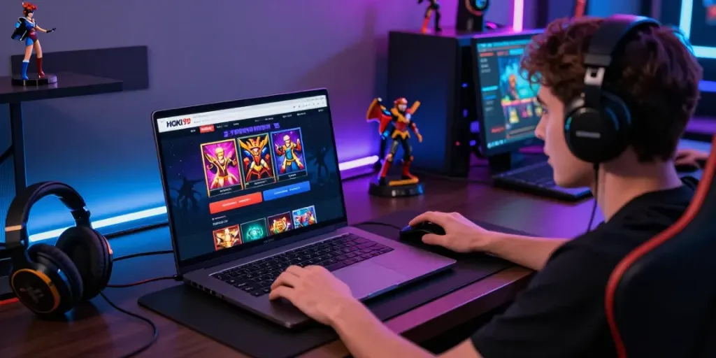 Pengguna HOKI99 berinteraksi dengan platform permainan online di laptop dengan suasana gaming yang modern dan menarik.