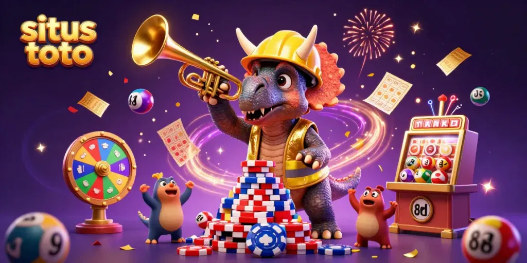 Engage with situs toto in a vibrant 3D scene celebrating lottery excitement with dynamic characters and colorful elements.