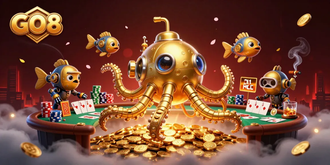 Experience thrilling poker action with GO8's golden kraken submarine and poker elements!