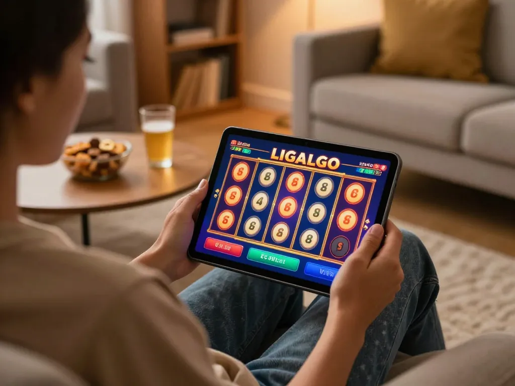 LIGALGO interactive slot game experience displayed on tablet screen in a cozy home atmosphere.