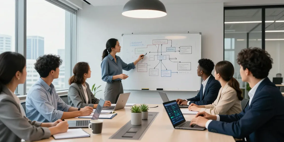 Diskusi strategis tim di kantor modern tentang IMBAJP.
