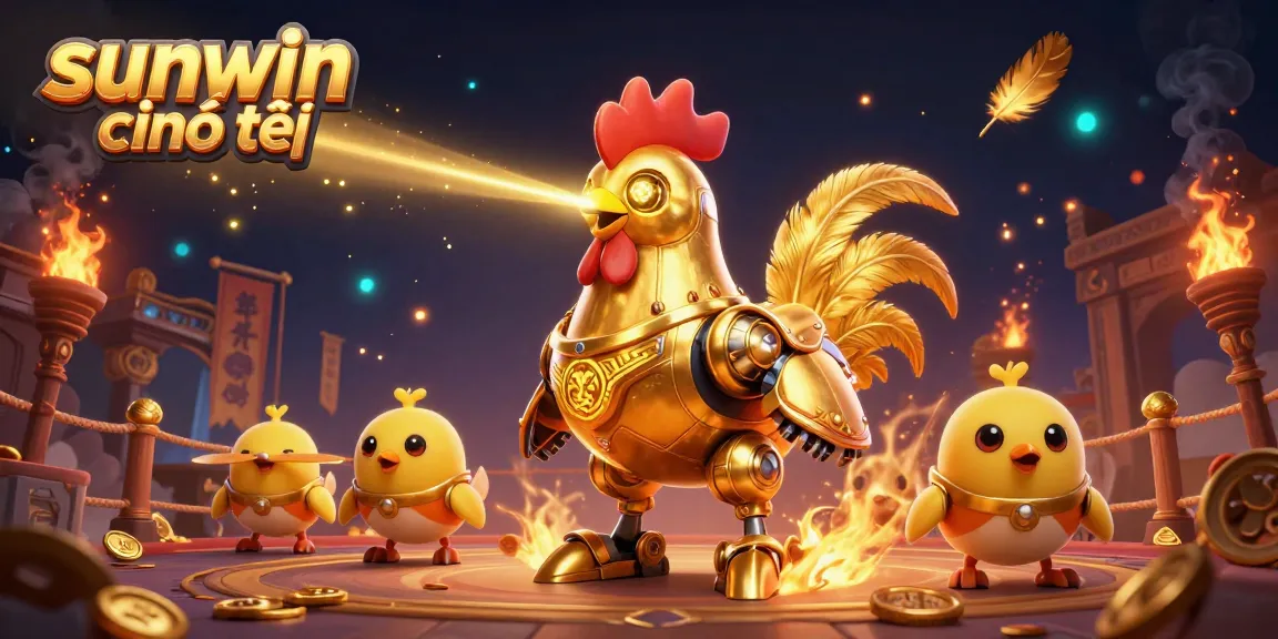 Engage in thrilling gameplay at sunwin chính thức with a vibrant 3D casino illustration featuring a golden rooster robot and baby chick drones.