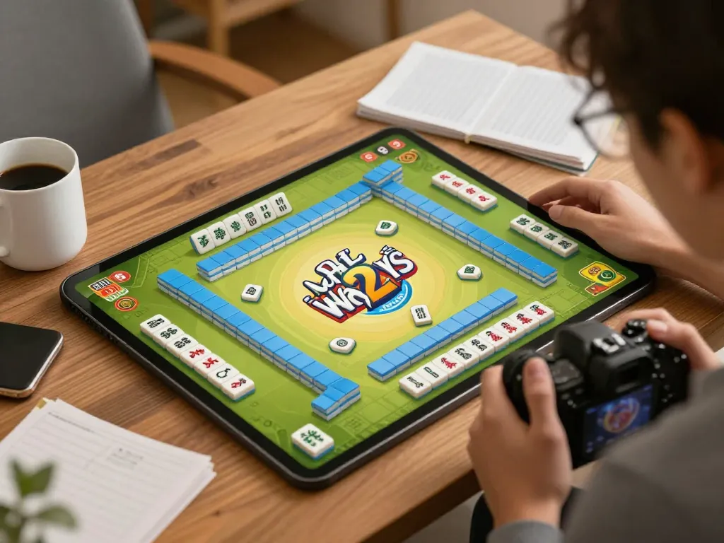 Strategi risiko mahjong ways 2 diilustrasikan dalam pengaturan permainan di rumah dengan seorang pemain terlibat dalam permainan daring.