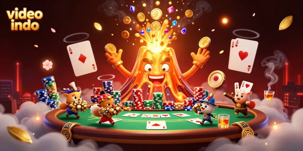 Play video indo games with riches as a golden volcano erupts treasures in this vibrant casino scene.