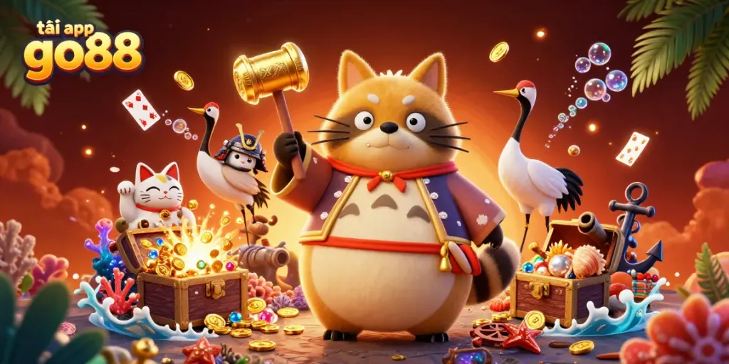 Experience the excitement of tải app go88 with cheerful tanuki and samurai crane celebrating amid vibrant casino elements.