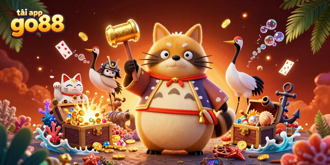 Experience the excitement of tải app go88 with cheerful tanuki and samurai crane celebrating amid vibrant casino elements.