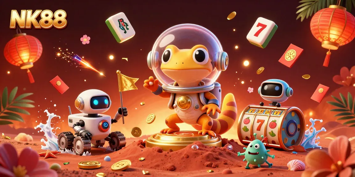 Experience thrilling gameplay at NK88 with a cartoon gecko discovering a buried casino amidst vibrant gambling symbols.