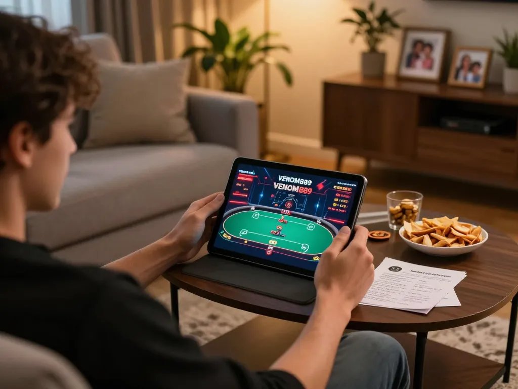 Play a thrilling game of poker with VENOM889 on a tablet in a cozy home environment.
